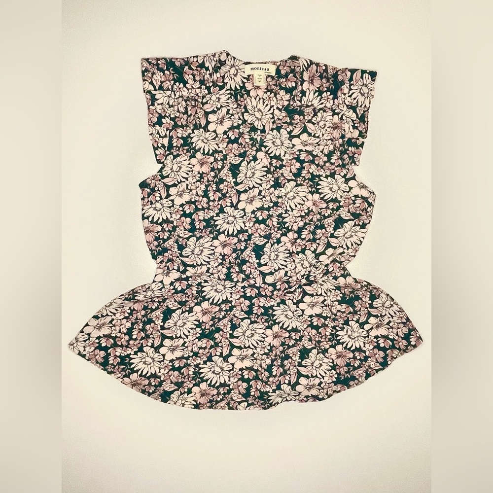 Monteau Floral V-Neck Faux Wrap Ties Peplum Blouse Flutter Sleeve in Pink Green - Picture 2 of 8